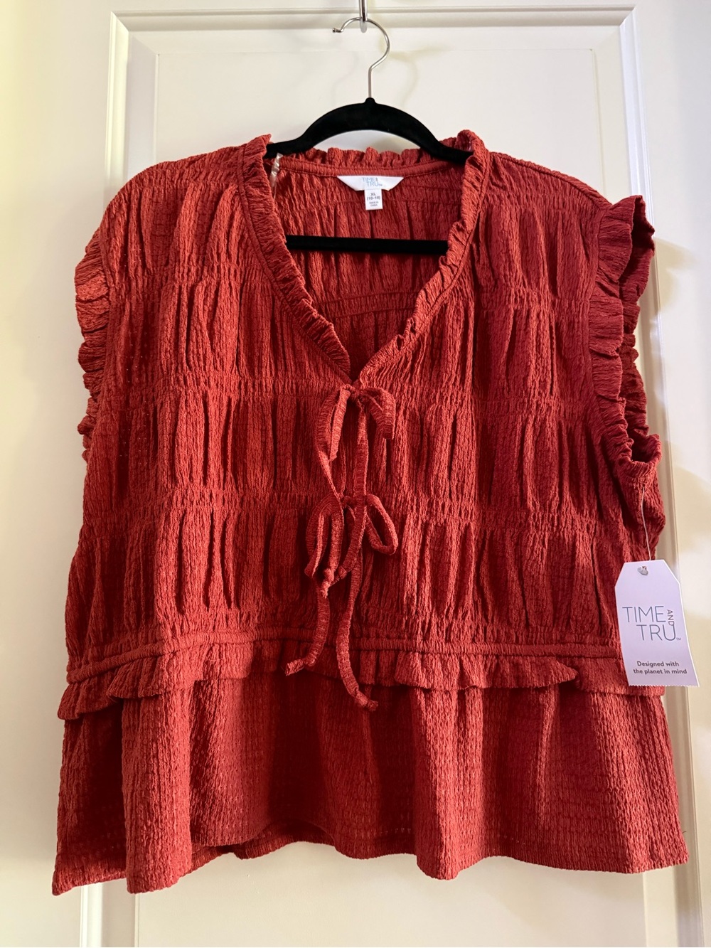 Time and Tru Rust Red Textured Tie-Front Ruffle Sleeveless Tunic